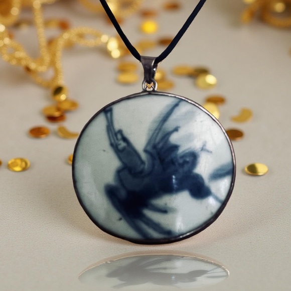 Vintage Ming/Qing Dynasty Blue & White Porcelain Pendant in 925 Sterling Silver - Picture 1 of 8
